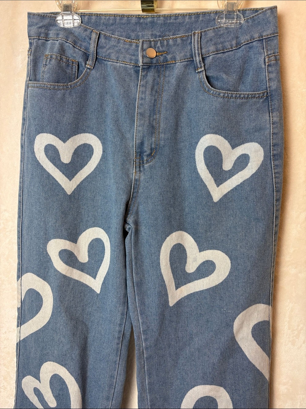 Heart Print Wide Leg Jeans - Blue